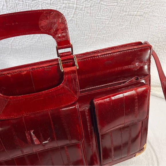 Vintage Eel Skin Leather Burgundy Briefcase 17x11 Ox Blood Red Shiny Academia - Picture 4 of 16